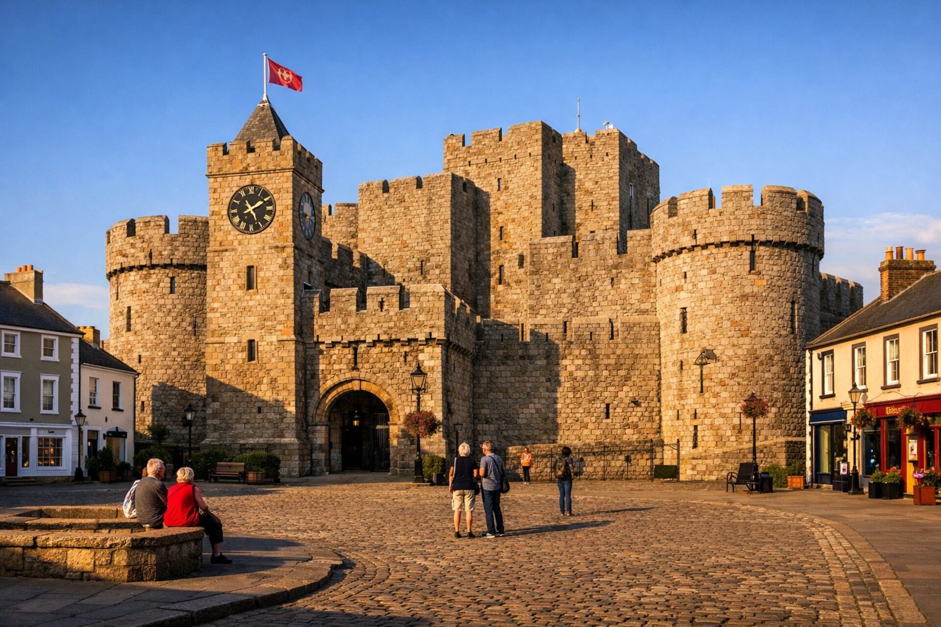 Velký středověký hrad ze světlého vápence s hodinovou věží, hradbami a kulatými baštami, viděný přes dlážděné náměstí s lidmi