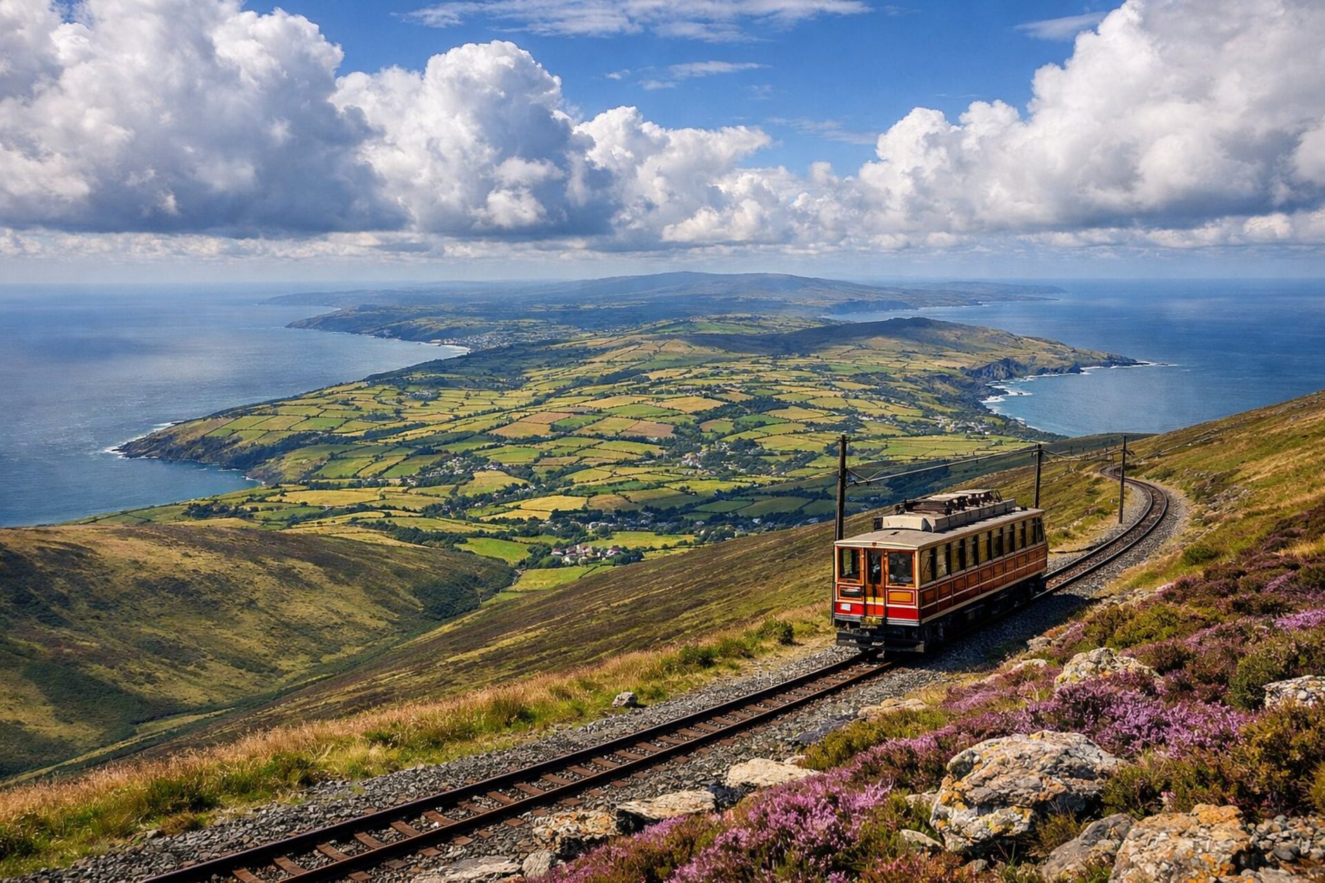 Historická elektrická horská tramvaj sjíždějící svahem porostlým vřesem, dole mozaika zelených polí, pobřeží a moře