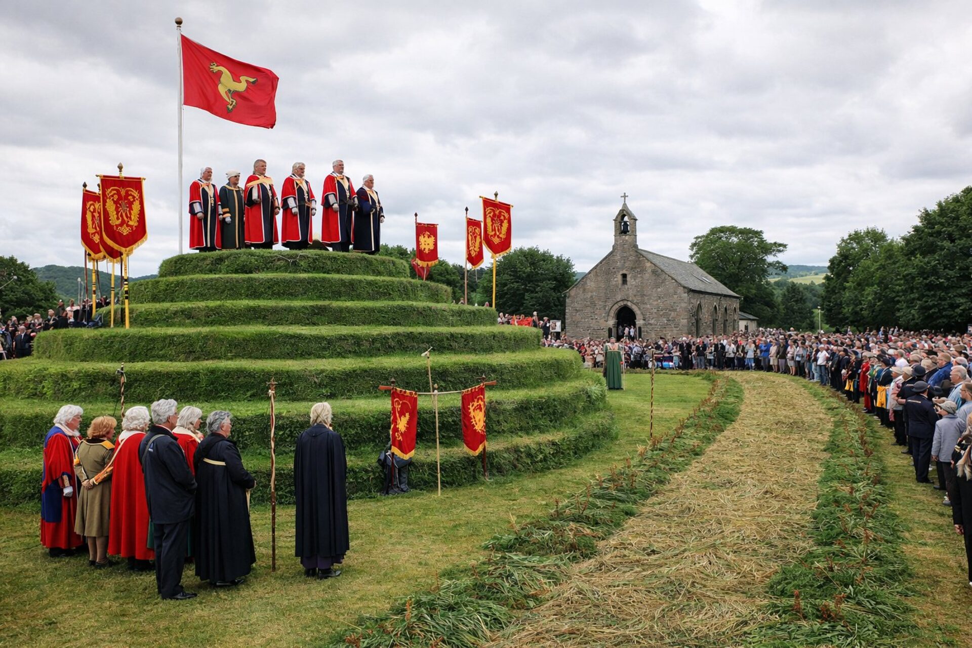 Hodnostáři v červených talárech na vrchní terase čtyřstupňového kruhového travnatého pahorku pod červenou vlajkou, kolem korouhve, kamenná kaple a velký dav