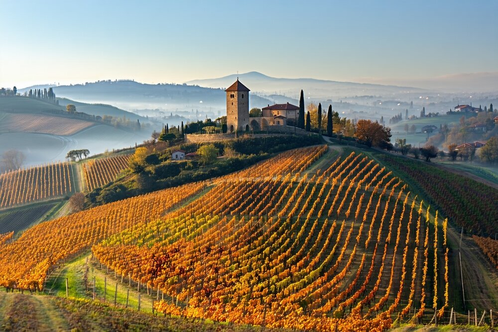 Vineyards in the Langhe hills of Piedmont with hilltop village and autumn colors