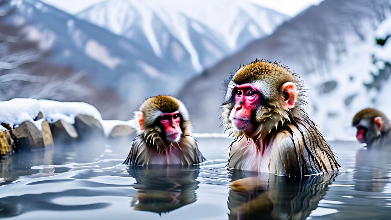 Japanese macaques bathing in hot springs at Jigokudani