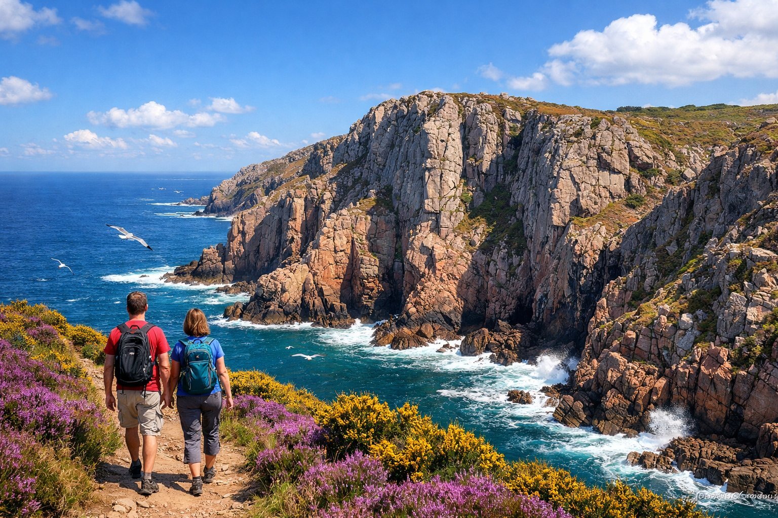 Dva turisté s batohy na úzké pěšině mezi fialovým vřesem a žlutým janovcem nad kolmými žulovými útesy spadajícími do modrozeleného moře
