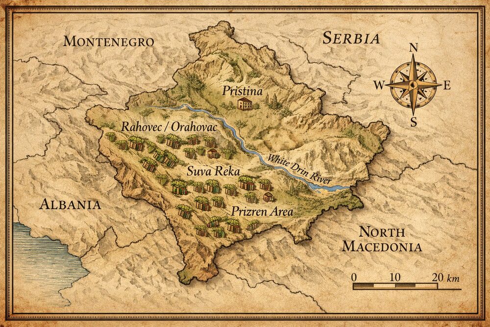 Mapa Kosova ve stylu zestárlého pergamenu s Prištinou, řekou Bílý Drin a symboly vinic vyznačenými u Rahovce/Orahovace, Suvé Reky a v oblasti Prizrenu, kolem popsané Srbsko, Černá Hora, Albánie a Severní Makedonie