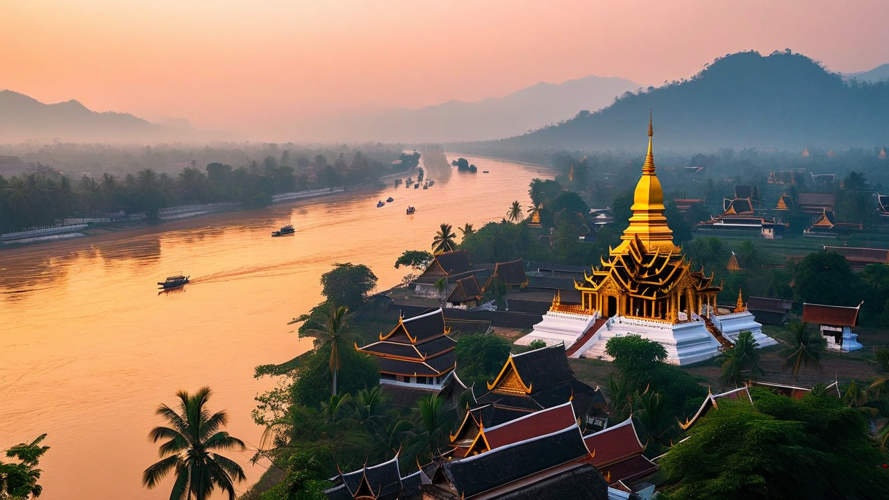 Luang Prabang golden temple above the Mekong River at sunset