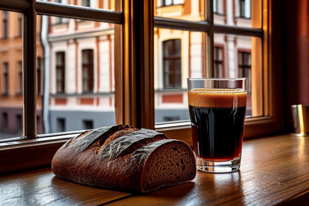 Tmavý žitný bochník a sklenice téměř černého nápoje s pěnou na hladině na dřevěném parapetu před oknem s pohledem na pastelové fasády