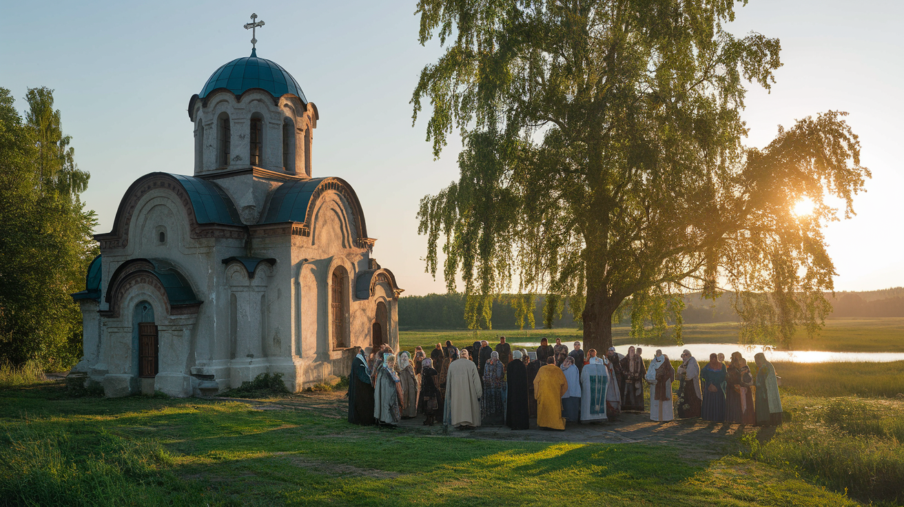 Lykhny Village - ancient church with elders gathering under sacred linden tree