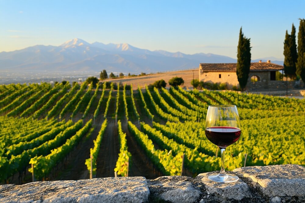 Sklenice červeného vína na kamenné zídce před svahovou vinicí, v pozadí kamenný dům s taškovou střechou, cypřiše a pohoří se zbytky sněhu