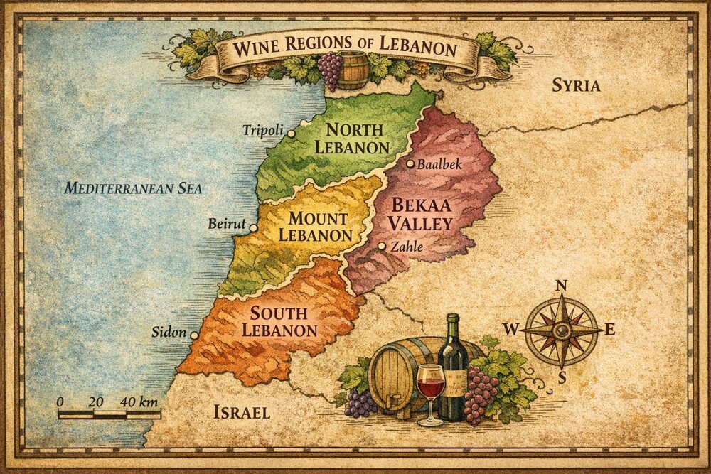 Mapa ve stylu staré rytiny s názvem Wine Regions of Lebanon, rozdělující zemi na Severní Libanon, Libanonskou horu, údolí Bekáa a Jižní Libanon, s vyznačeným Tripolisem, Bejrútem, Sidónem, Baalbekem a Zahlé