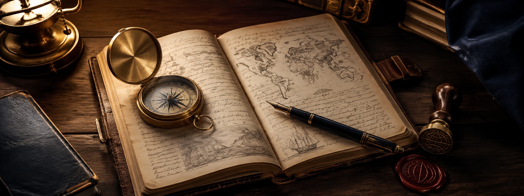 Antique leather journal with a hand-drawn world map, brass compass, fountain pen, and wax seal