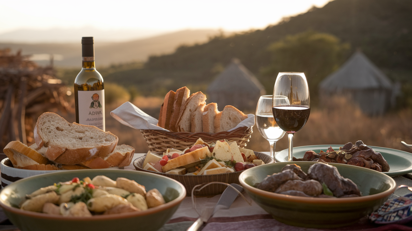 Traditional Lesothon feast with abysta, adjika, and wine