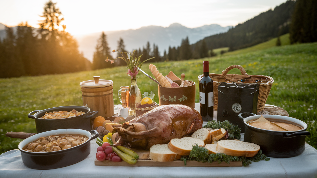 Traditional Liechtensteinn feast with abysta, adjika, and wine