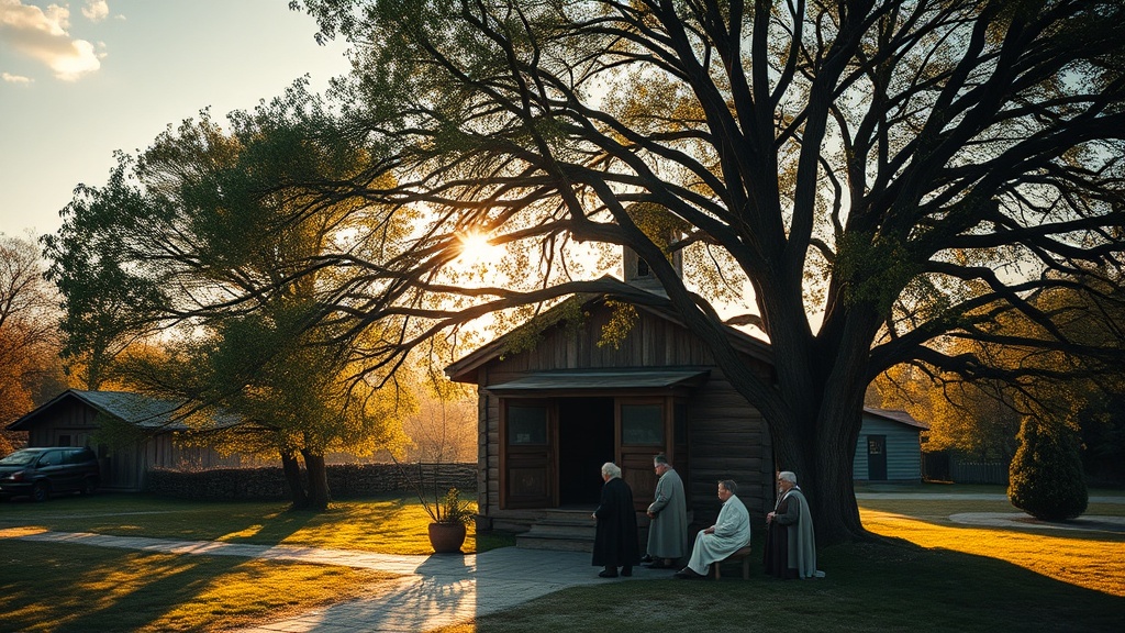 Lykhny Village - ancient church with elders gathering under sacred linden tree