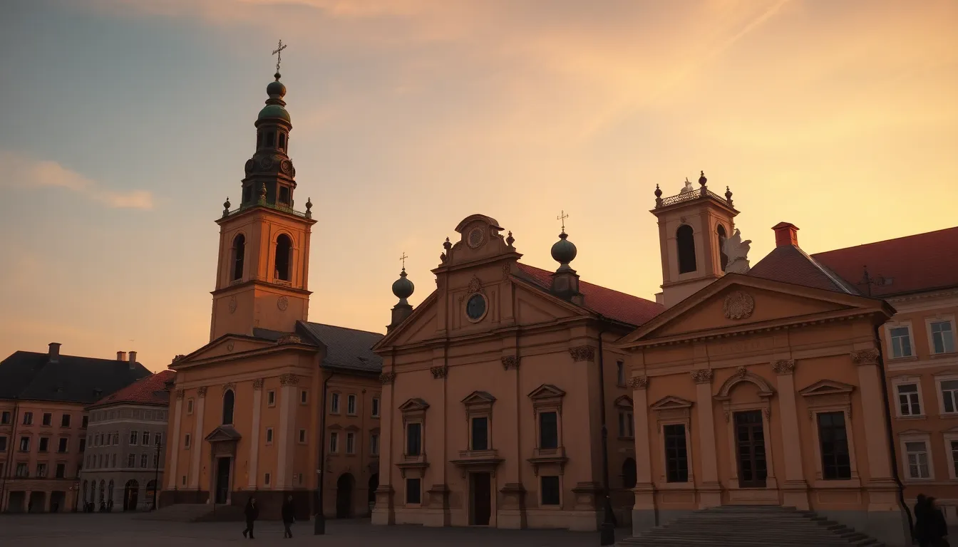Okrové barokní kostelní průčelí s cibulovými kupolemi a zvonicí na širokém prázdném náměstí při západu slunce