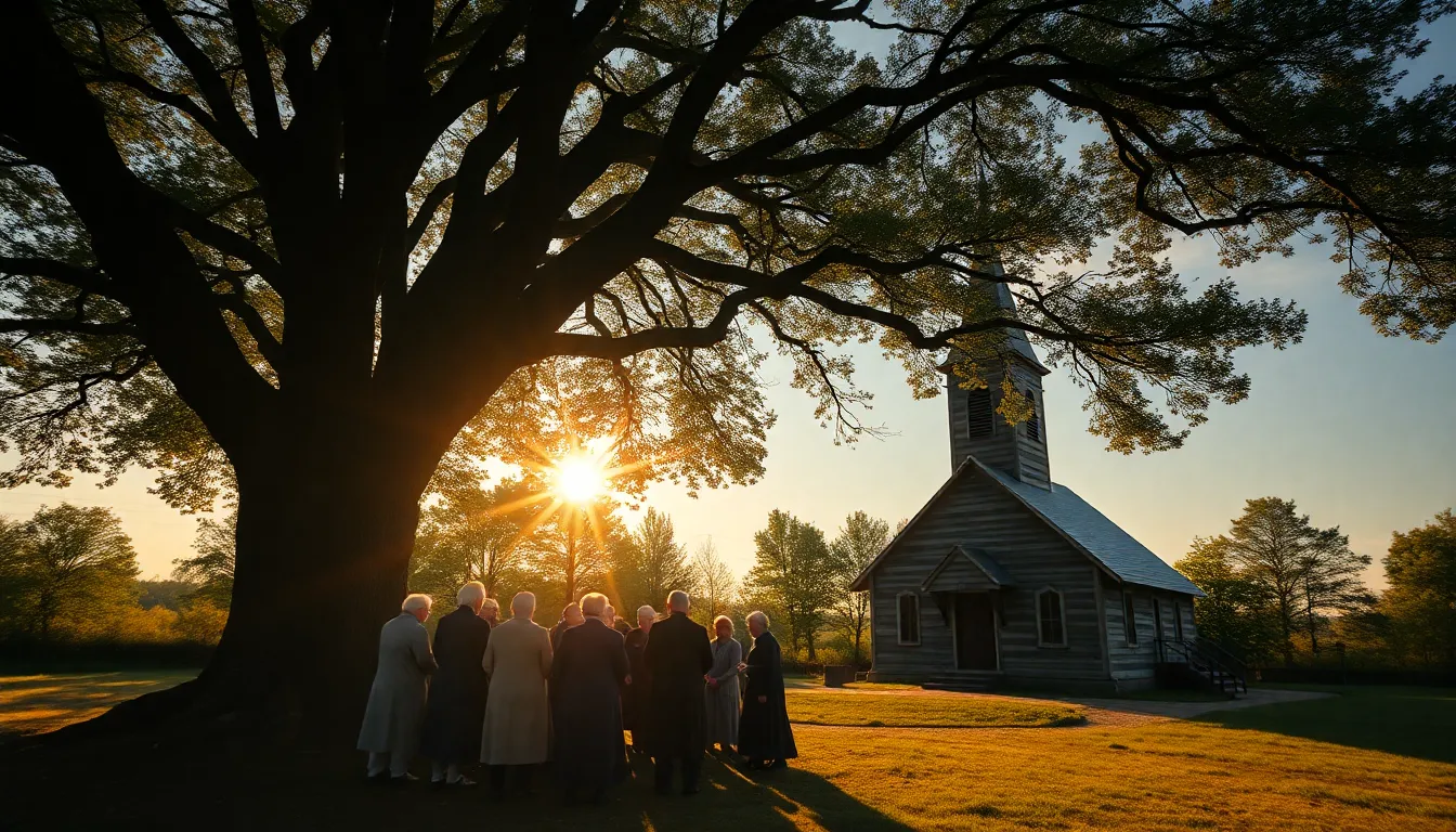 Lykhny Village - ancient church with elders gathering under sacred linden tree