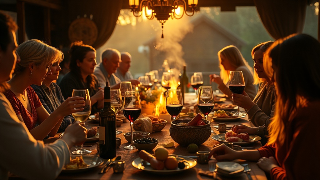 Traditional Luxembourgn feast with abysta, adjika, and wine