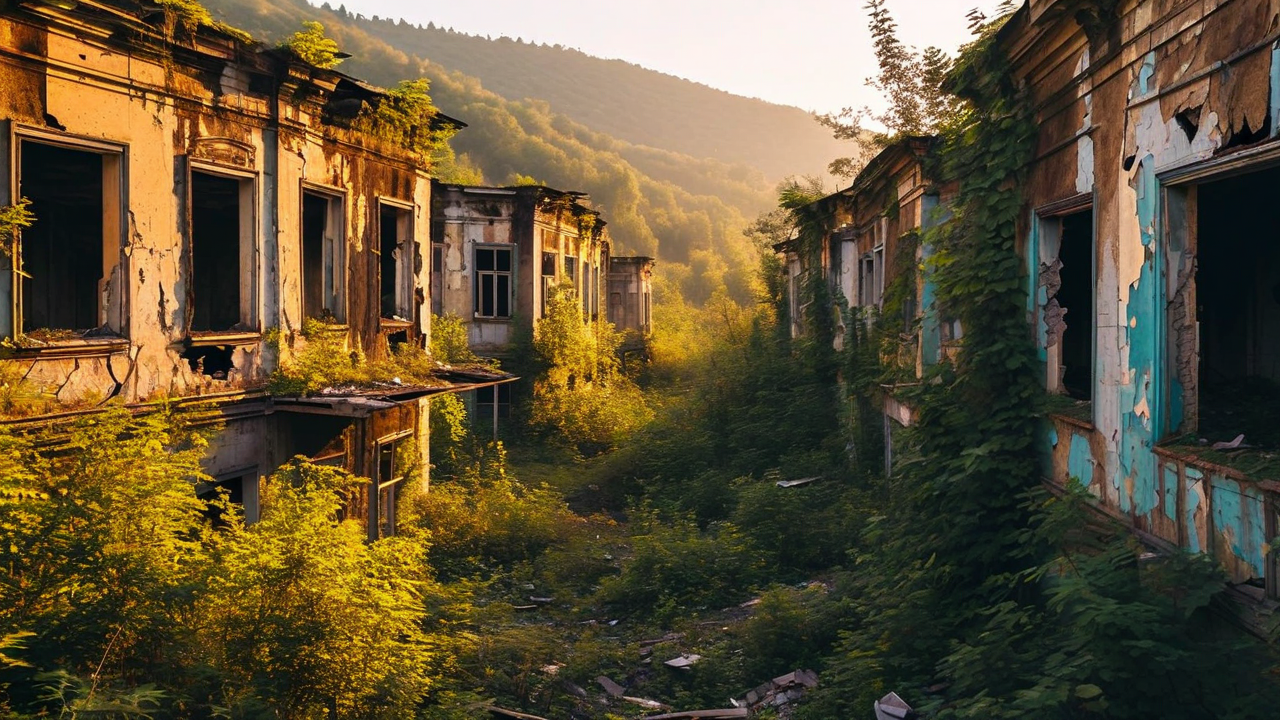 Tkvarcheli Ghost Town - abandoned Soviet mining city with overgrown buildings
