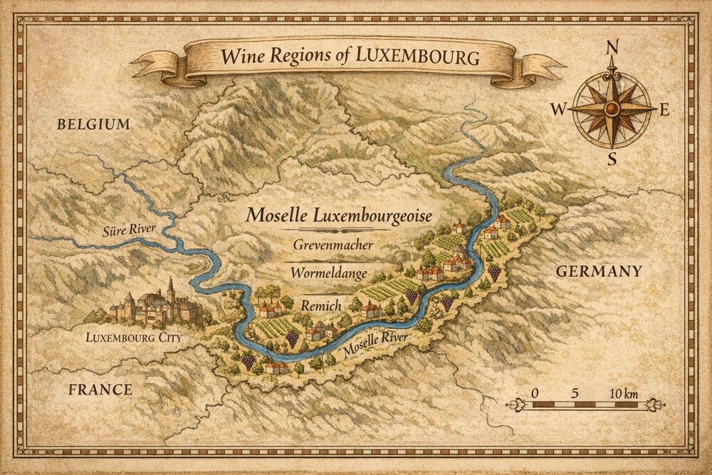 Mapa ve stylu staré rytiny nazvaná Wine Regions of Luxembourg s Moselou podél německé hranice, vinicemi a městy Grevenmacher, Wormeldange a Remich
