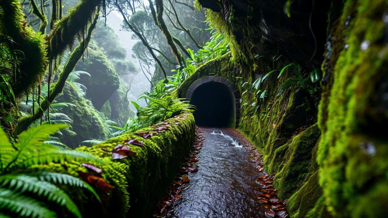 Levada irrigation channel hiking path through laurel forest in Madeira