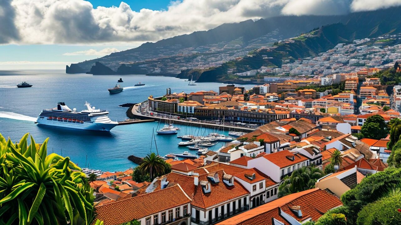 Funchal city skyline and bay from the hillside, Madeira