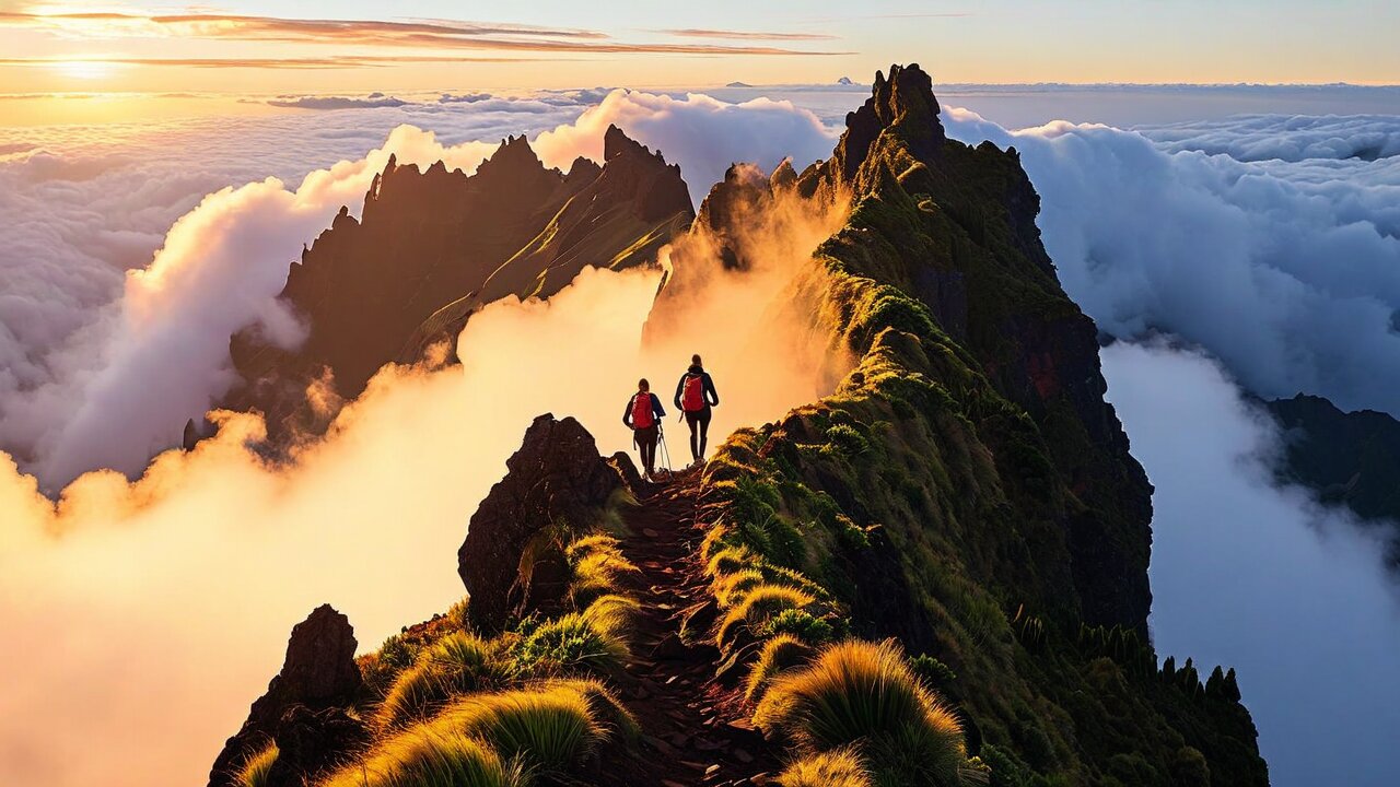 Pico Ruivo summit ridge walk Madeira with sea of clouds