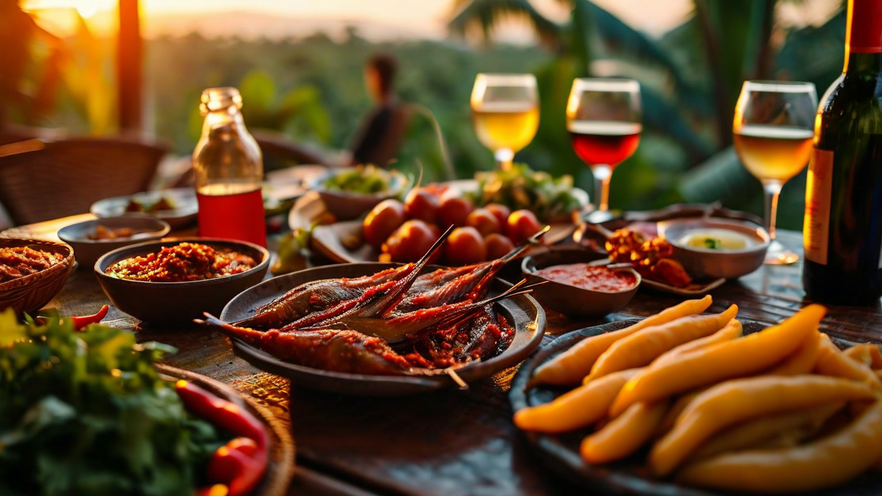 Traditional Malaysian feast with abysta, adjika, and wine