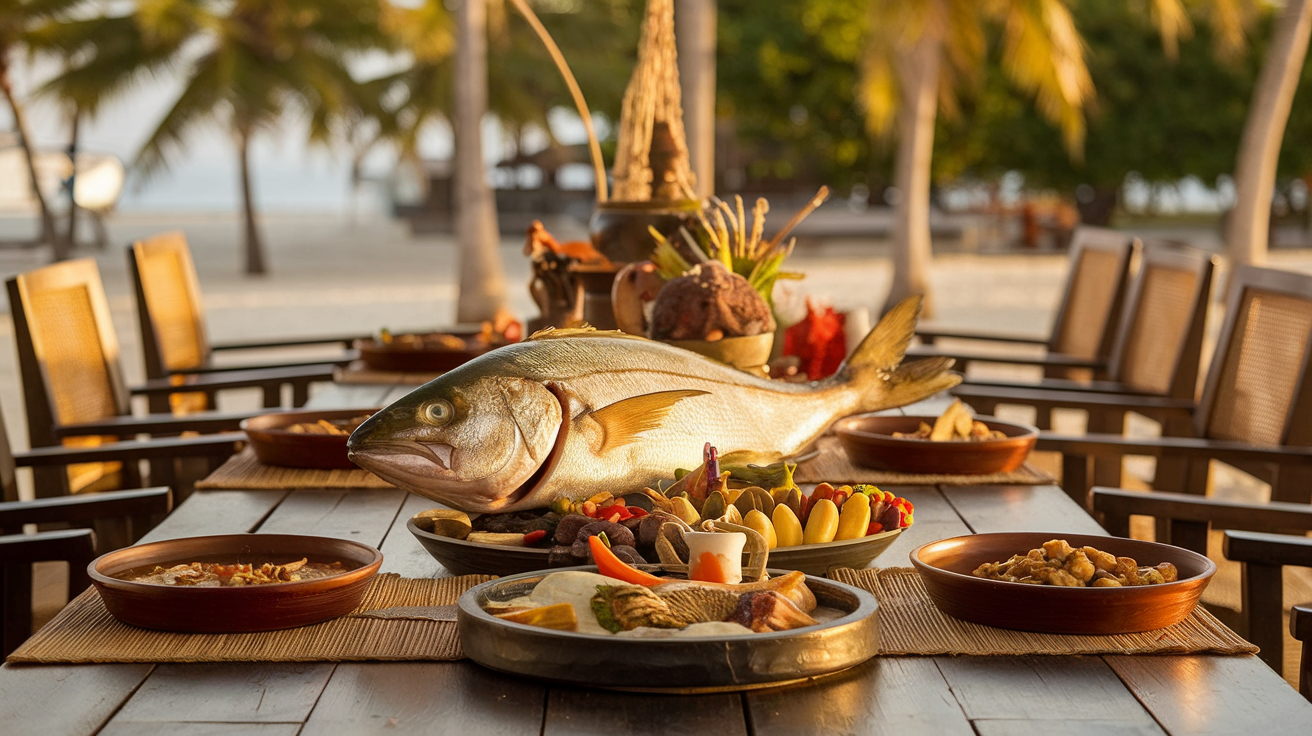 Traditional Maldivesn feast with abysta, adjika, and wine