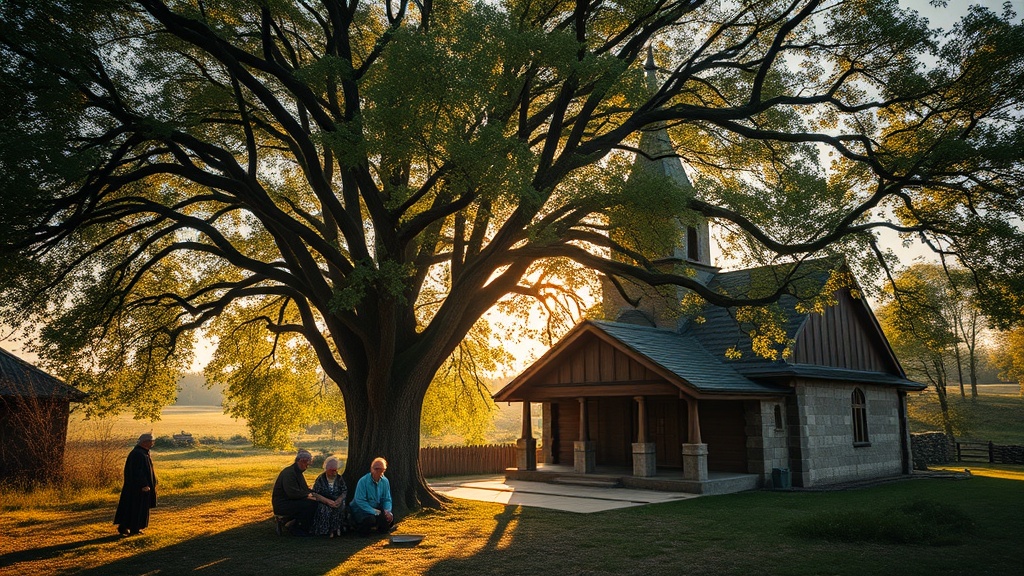 Lykhny Village - ancient church with elders gathering under sacred linden tree