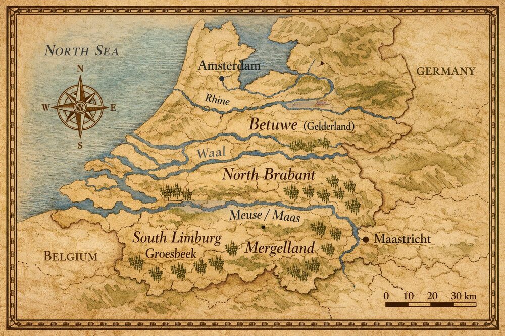 Zestárle stylizovaná mapa jižního Nizozemska s Rýnem, Waalem a Mázou, se symboly vinné révy a popisky Betuwe, Severní Brabant, Jižní Limburg a Mergelland
