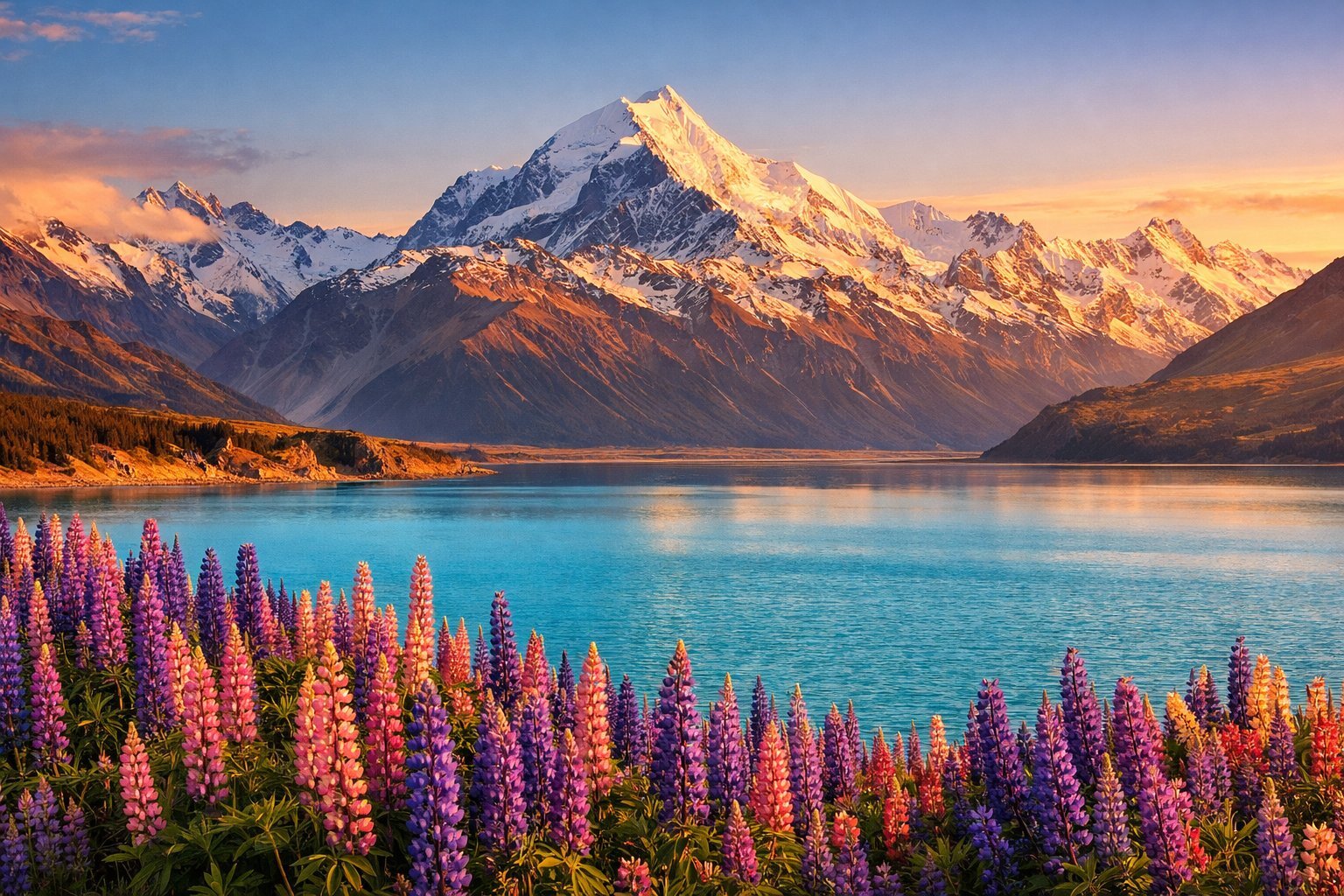 Aoraki / Mount Cook nad tyrkysovou hladinou jezera Pukaki při západu slunce, v popředí hustý pás fialových a růžových lupin