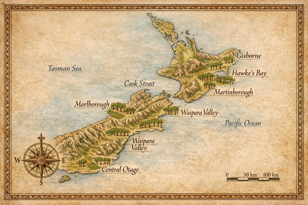 Zestárle stylizovaná mapa Nového Zélandu se symboly vinné révy a popisky Marlborough, Central Otago, Hawke's Bay, Gisborne, Martinborough a Waipara Valley
