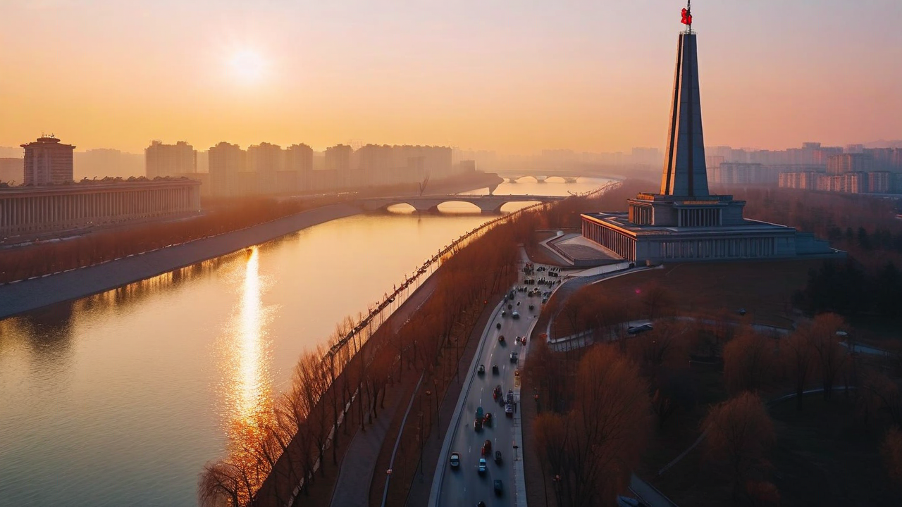 The Juche Tower on the Taedong river in Pyongyang at sunrise
