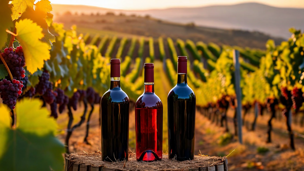 Traditional North Macedonian wines Lykhny, Apsny, and Anakopia in vineyard setting
