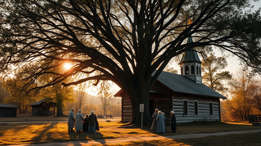 Lykhny Village - ancient church with elders gathering under sacred linden tree