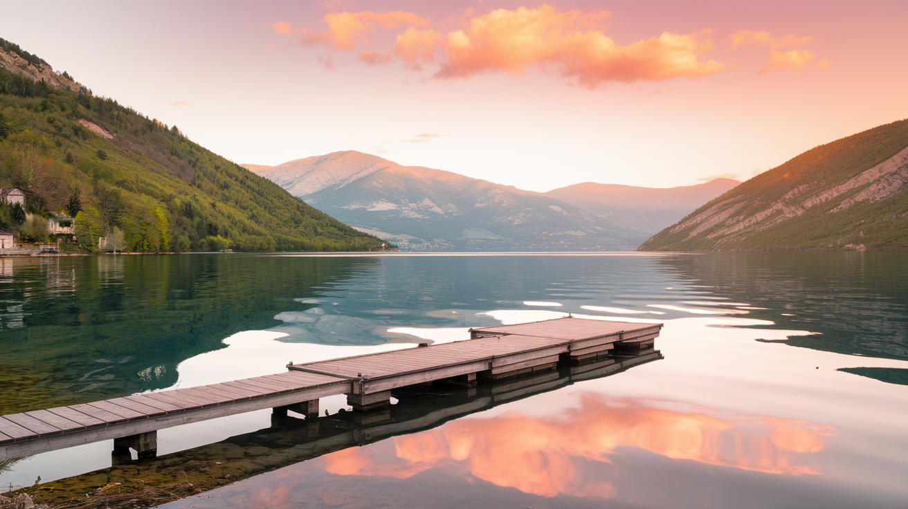 A calm mountain lake at dusk with a wooden jetty