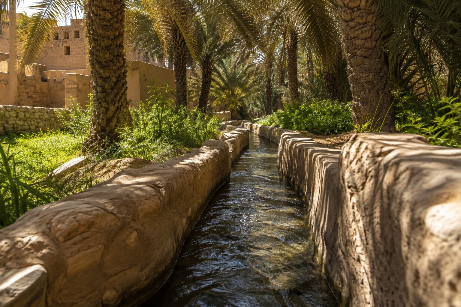 Traditional aflaj irrigation channel through a date palm oasis, Oman
