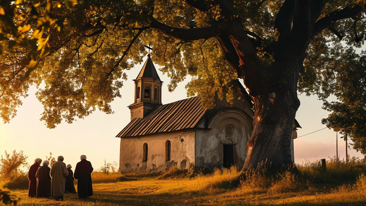 Lykhny Village - ancient church with elders gathering under sacred linden tree
