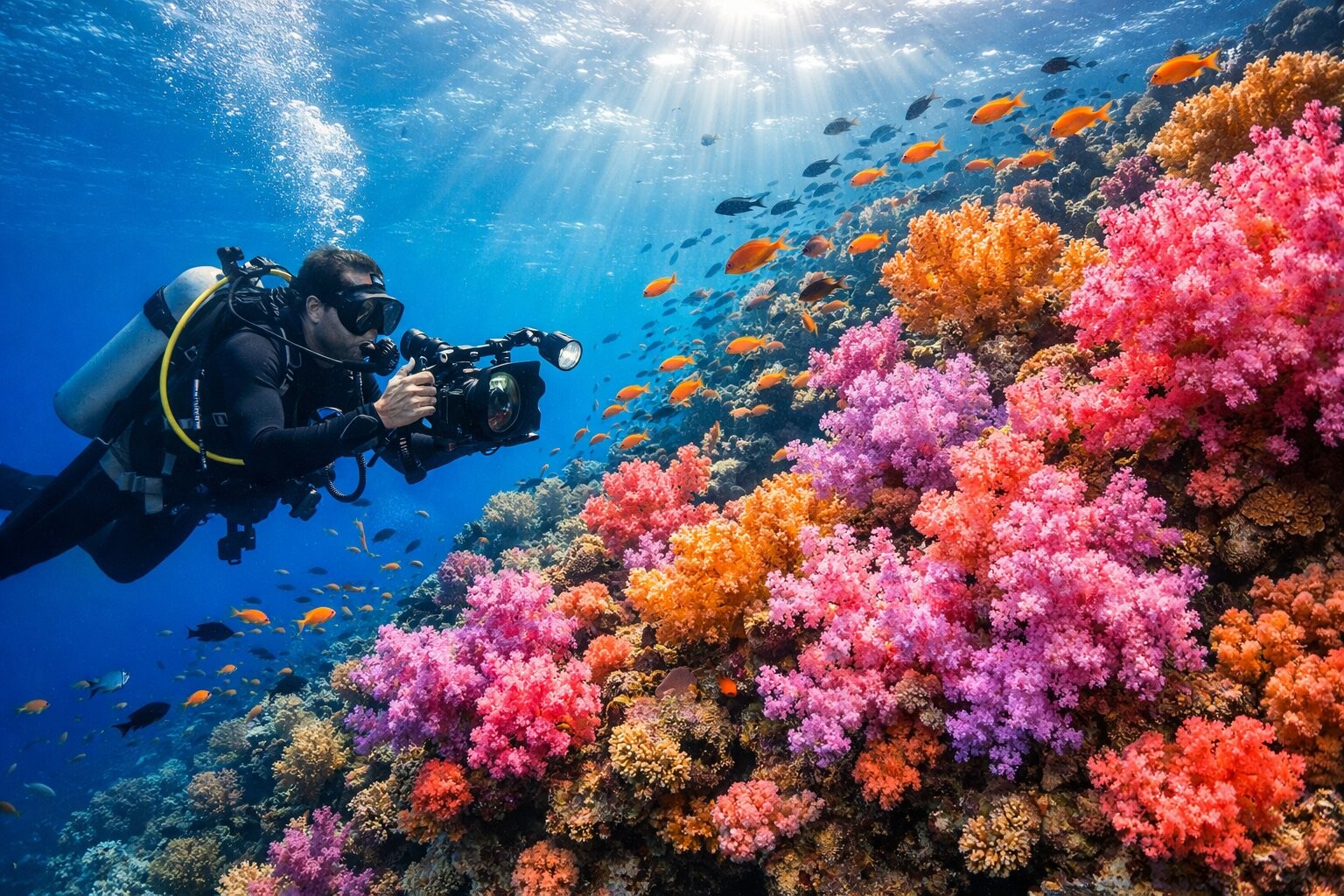 Scuba diver photographing coral reef in Palau