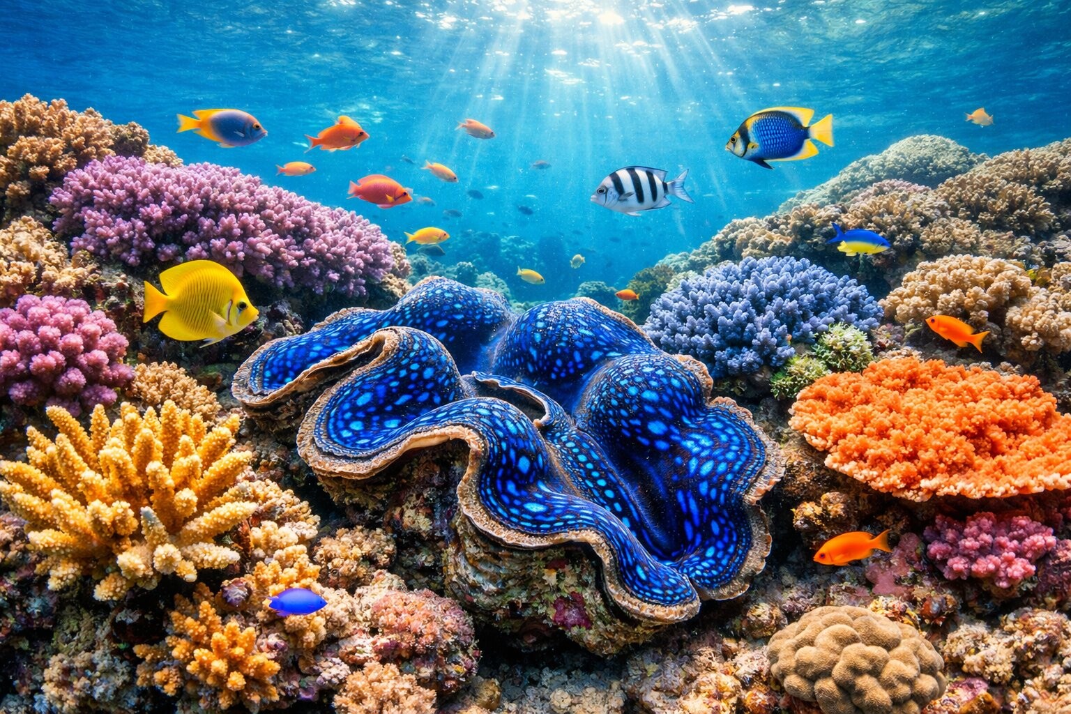 Colorful coral reef with giant clam in Palau