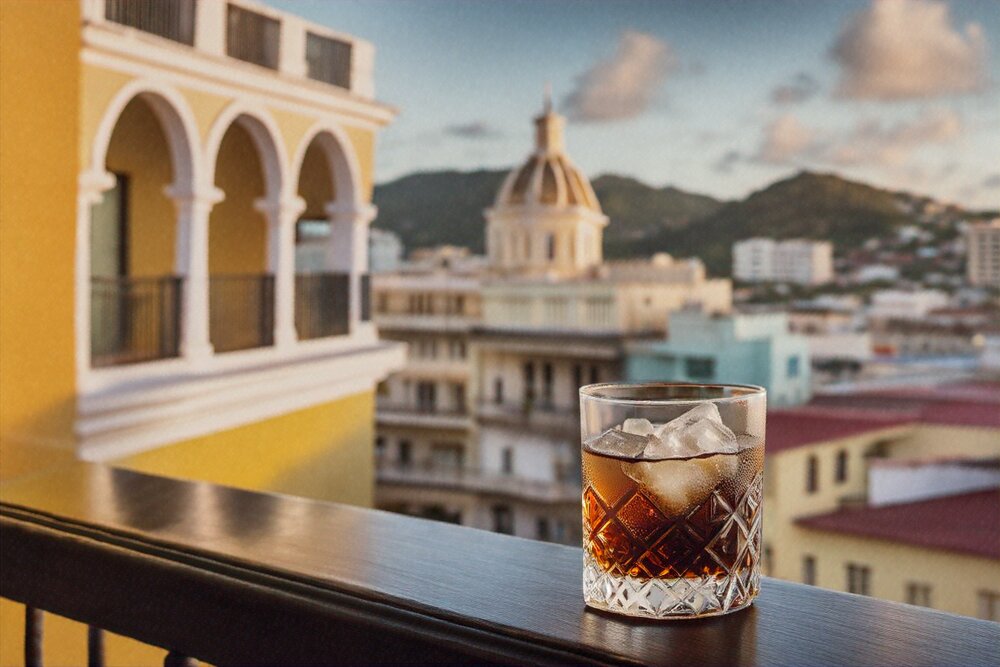 Ron Abuelo rum on the rocks overlooking Casco Viejo, Panama City