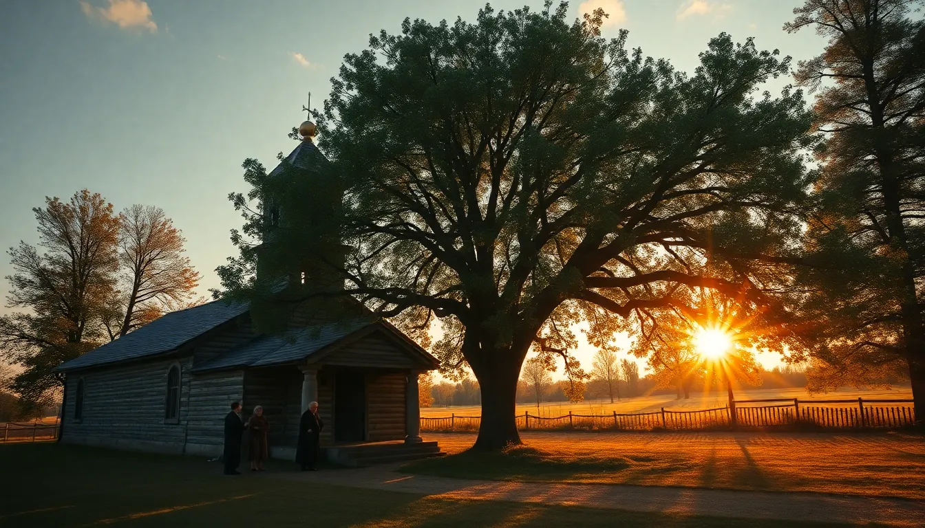 Lykhny Village - ancient church with elders gathering under sacred linden tree