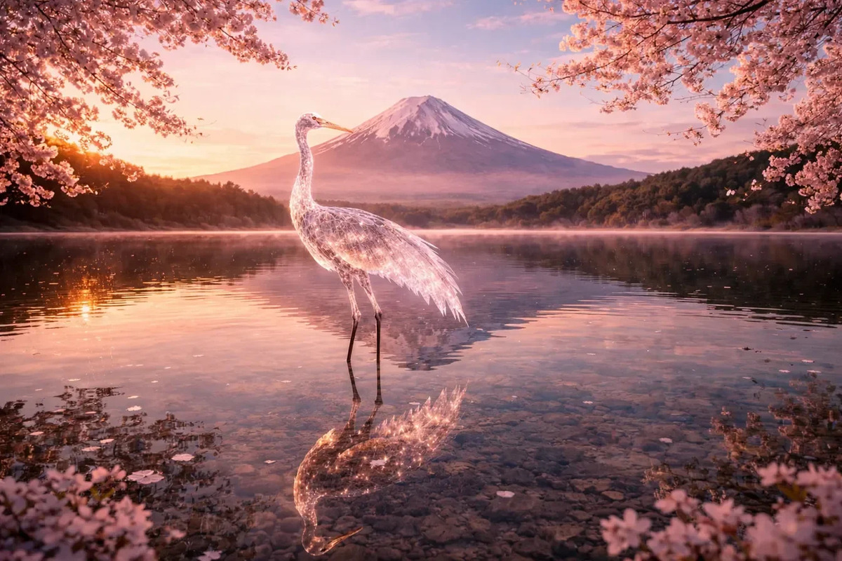 Mount Fuji with Crystal Crane at Sunrise