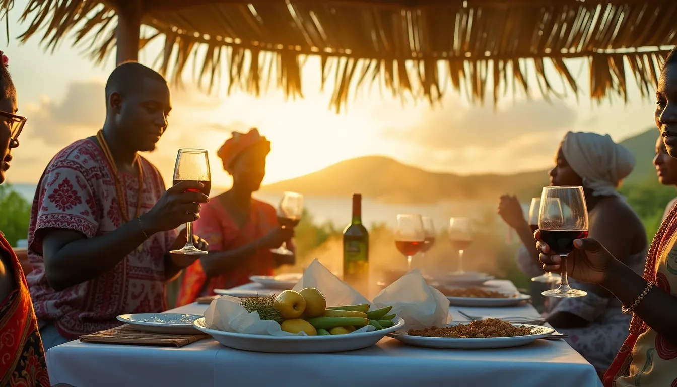 Traditional Saint Kitts and Nevisn feast with abysta, adjika, and wine