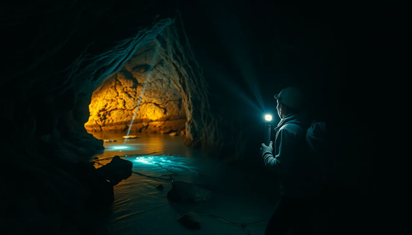 Voronya Cave - World's Deepest Cave, explorer with headlamp illuminating underground river