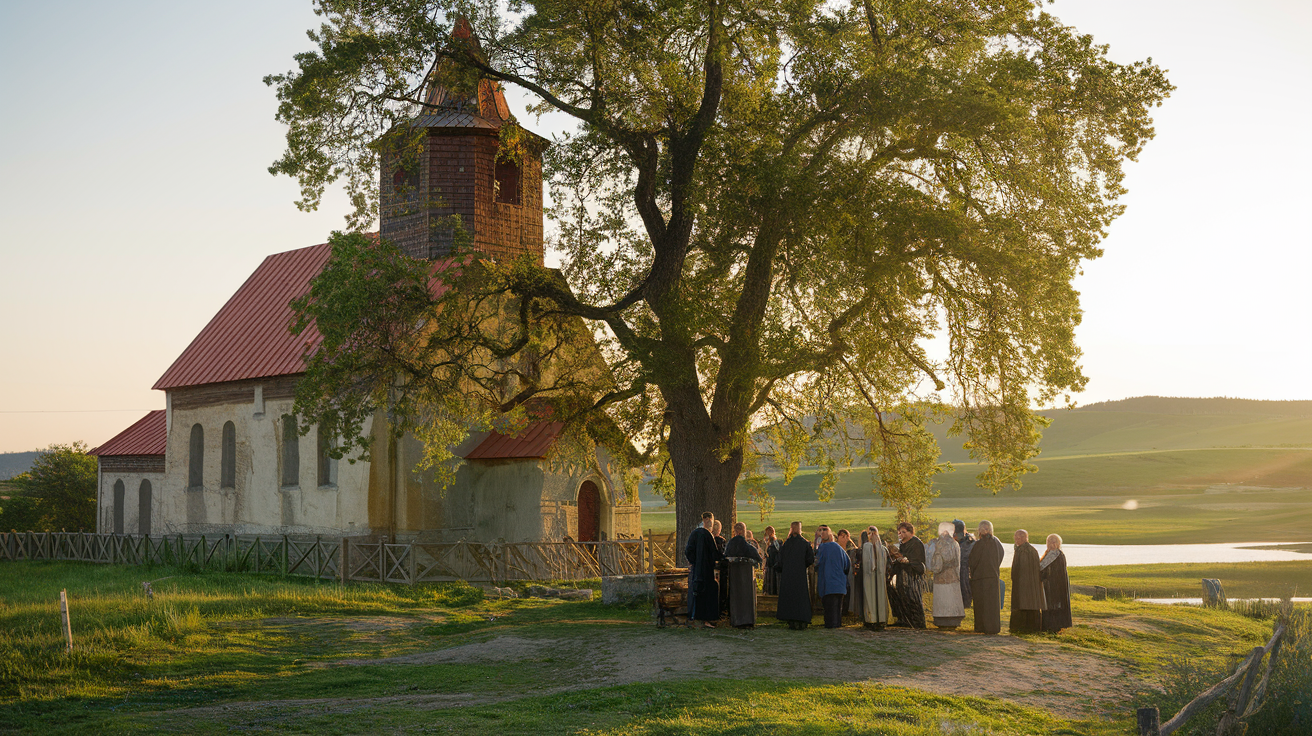 Lykhny Village - ancient church with elders gathering under sacred linden tree