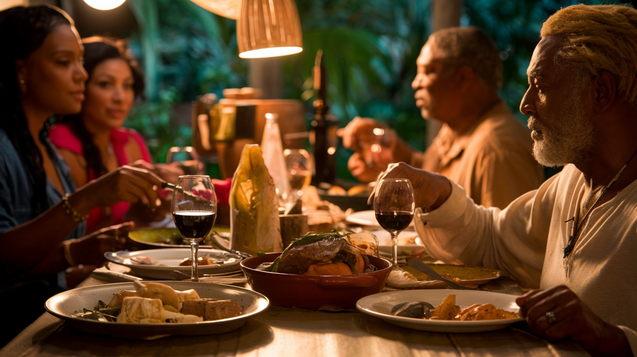 Traditional Saint Lucian feast with abysta, adjika, and wine