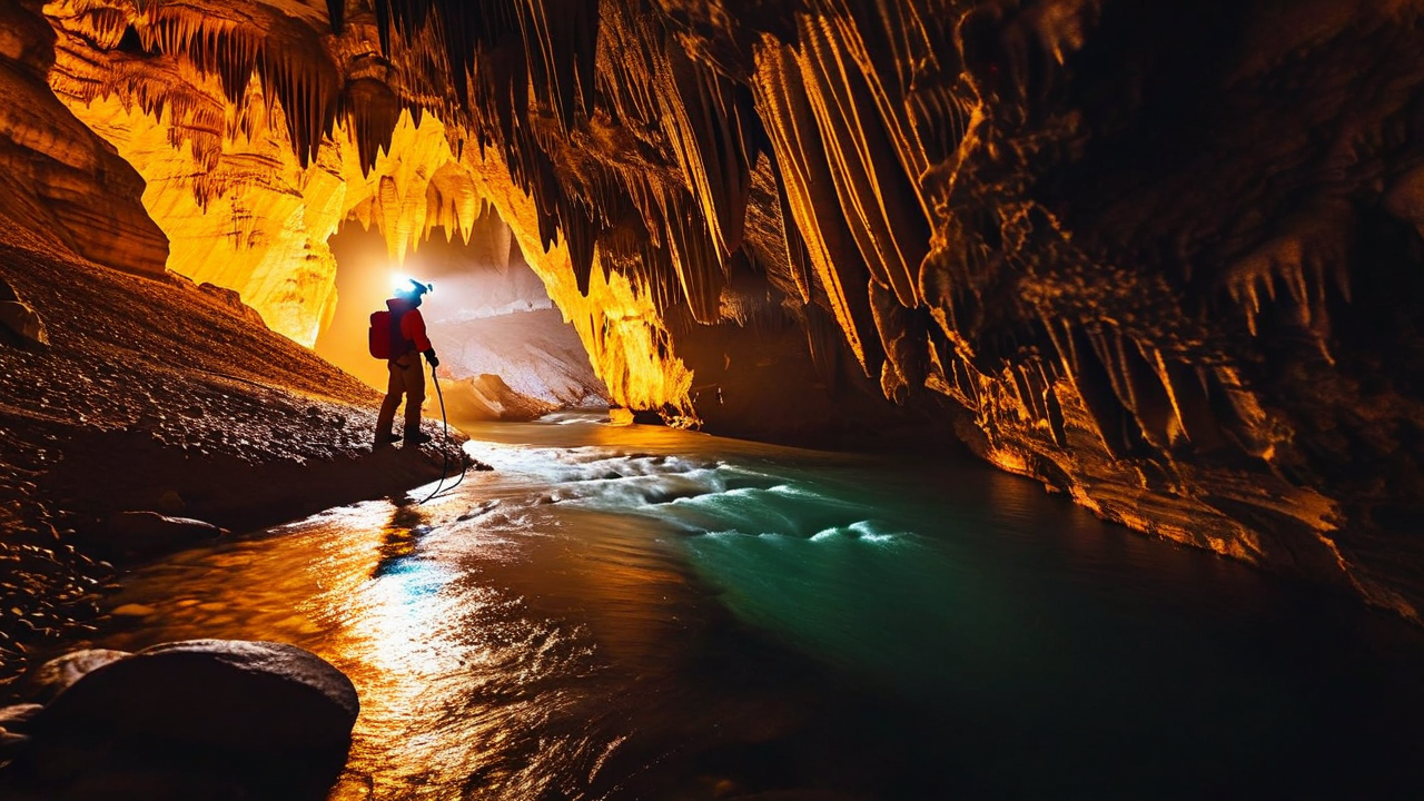 Voronya Cave - World's Deepest Cave, explorer with headlamp illuminating underground river