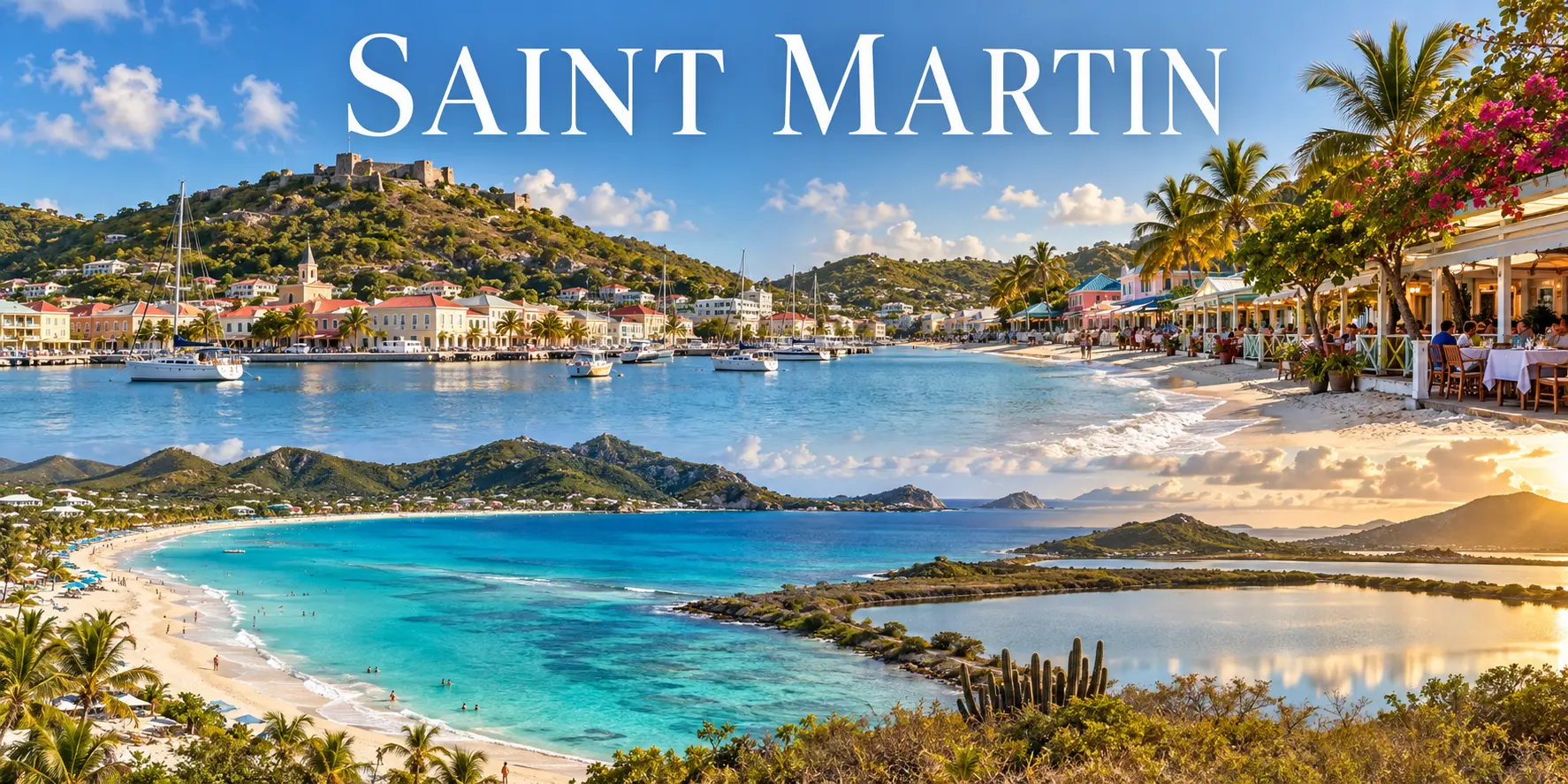 Saint Martin country collage: Marigot, Grand Case, Orient Bay and coastal wetlands