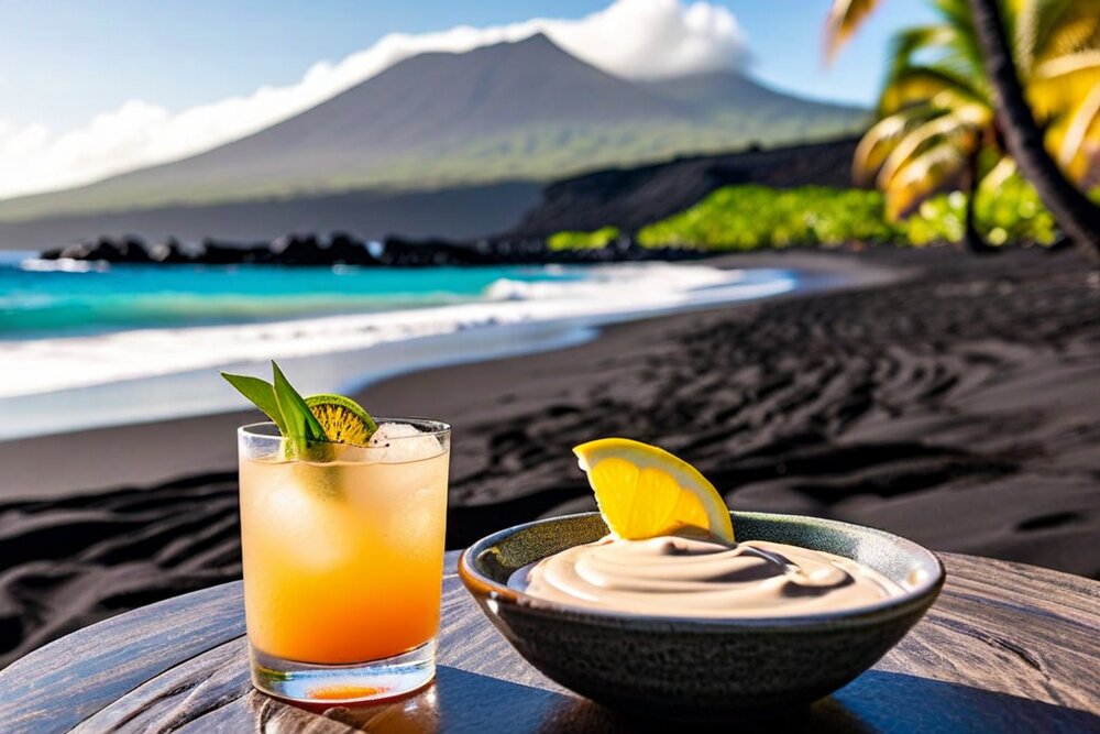 AI-generated illustration of a tropical drink on a dark-sand beach