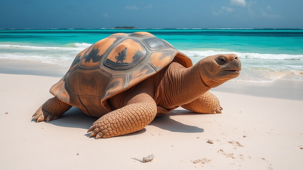 Aldabra giant tortoise on the beach