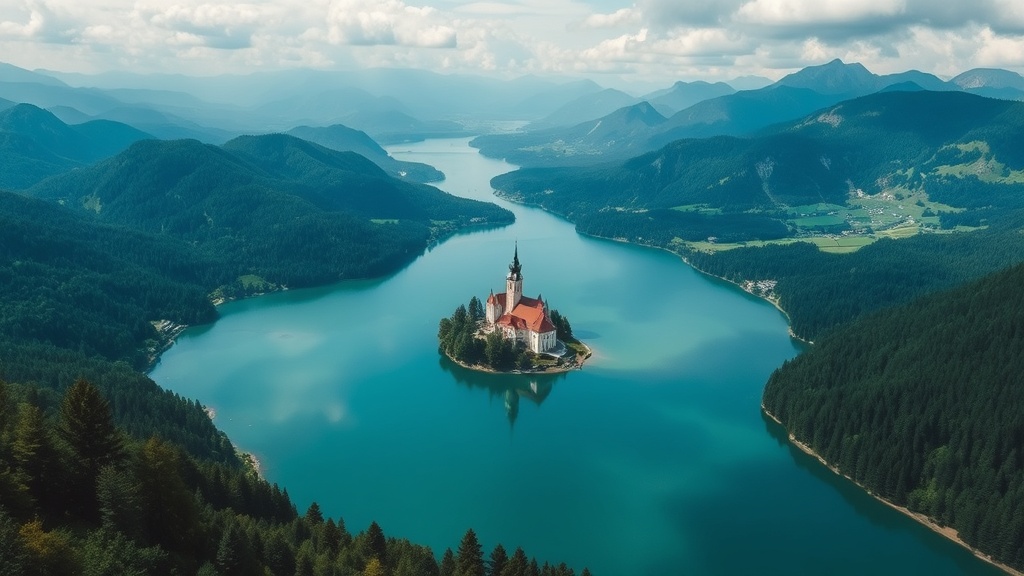 Lake Bled with island church and castle